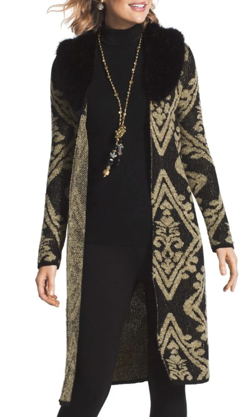 Chico’s Marielle Open Front Cardigan Sweater Faux Fur Collar Black &Gold Medium